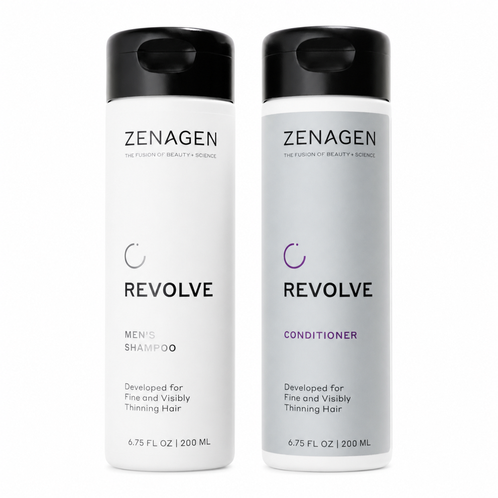 Zenagen Revolve men's thickening shampoo and conditioner set, 6.75 oz, showing bottles with sleek packaging and label details