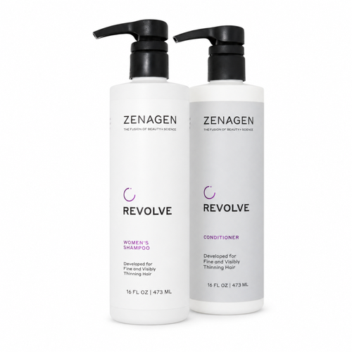 Zenagen Revolve women’s thickening shampoo and conditioner set, 16 oz bottles, with sleek pump dispensers and vibrant packaging.