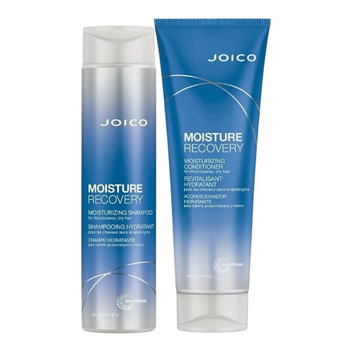 Joico Moisture Recovery shampoo and conditioner set with 10.1 oz shampoo and 8.5 oz conditioner bottles, designed for dry hair.