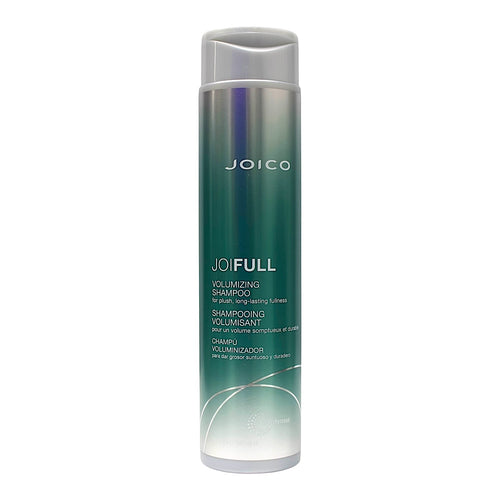 Joico JoiFULL volumizing shampoo bottle, 10.1 oz, with white and purple packaging, showcasing the product and label.