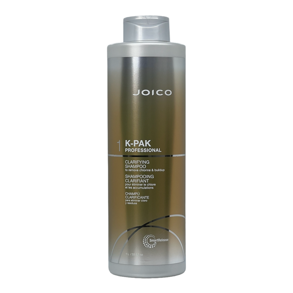 Joico K-PAK Clarifying Shampoo in 33.8 oz bottle, clear liquid with white label and pump dispenser