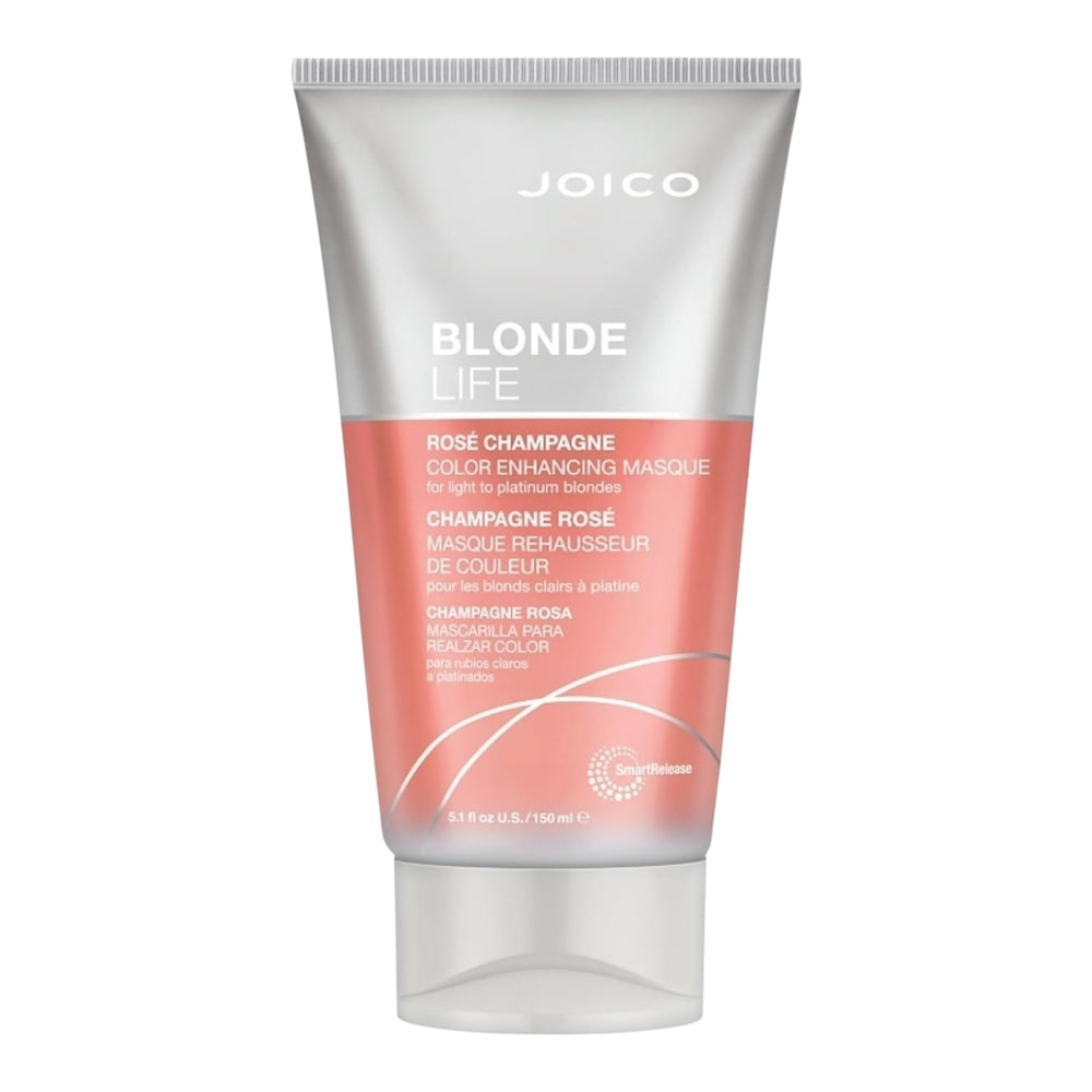Joico Blonde Life Enhancing Masque in Rose Champagne 5.1 oz jar showing creamy hair mask with pink hue and elegant packaging.