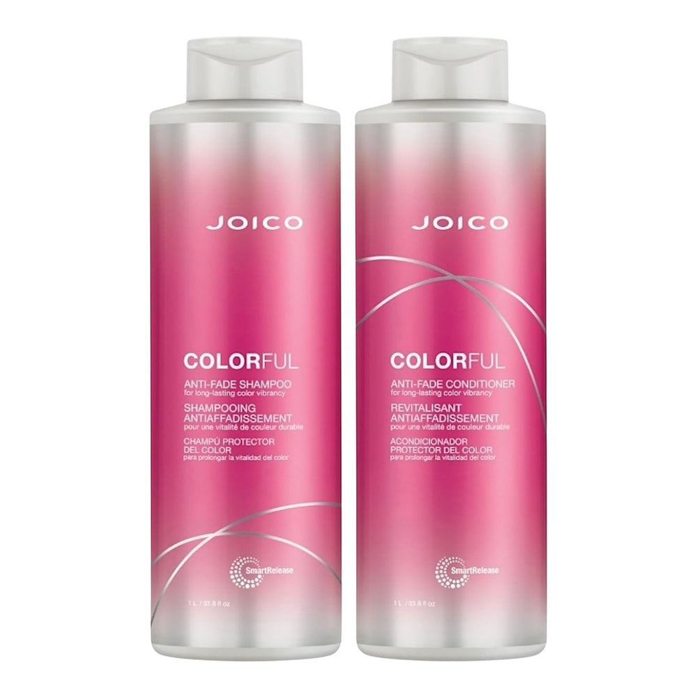 Joico Colorful anti-fade shampoo and conditioner set in 33.8 oz bottles, designed to protect vibrant hair colors.