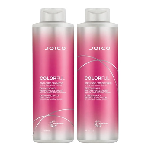 Joico Colorful anti-fade shampoo and conditioner set in 33.8 oz bottles, designed to protect vibrant hair colors.