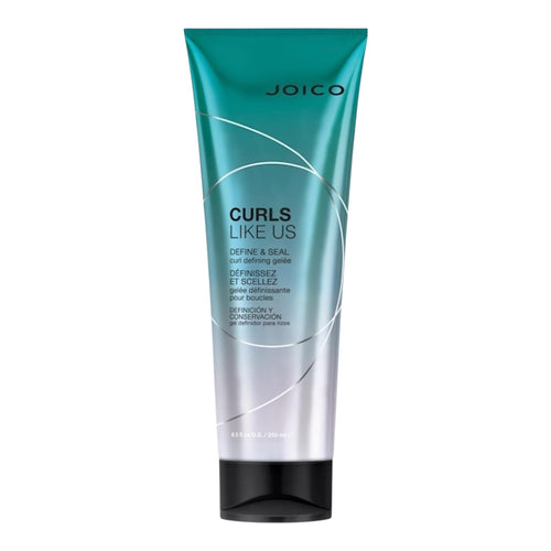 Joico Curls Like Us Define & Seal Curl Defining Gelée in 8.5 oz jar, showcasing smooth, curly hair with defined, glossy curls.
