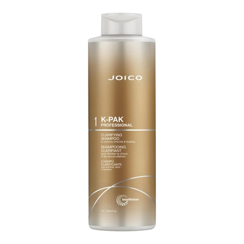Joico K-Pak Clarifying Shampoo bottle, 33.8 oz, with white and blue packaging, designed for deep cleansing hair care.