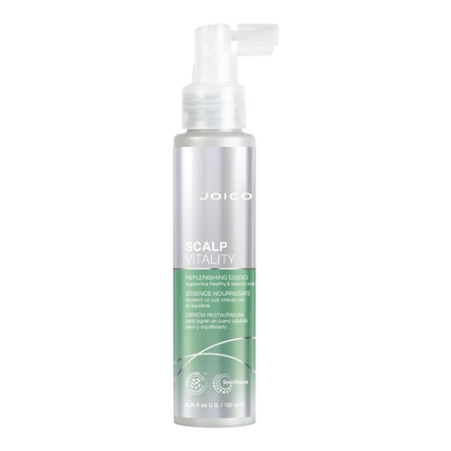 Joico Scalp Calm Essence bottle, 3.38 oz, with clear liquid and applicator tip for soothing scalp treatment.