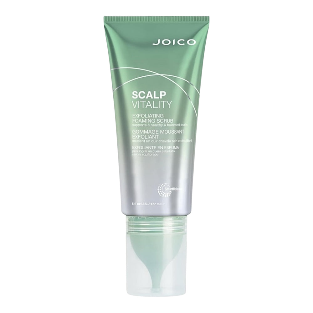 Joico Scalp Foaming Scrub in 6 oz bottle, showing the white foaming cleanser with a flip-top cap and clear labeling.