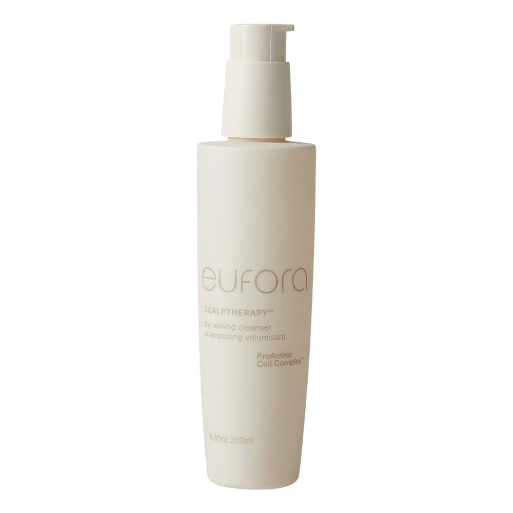 Eufora Scalptherapy Thickening Cleanser bottle for hair loss treatment, 6.8 oz, with a sleek packaging design.