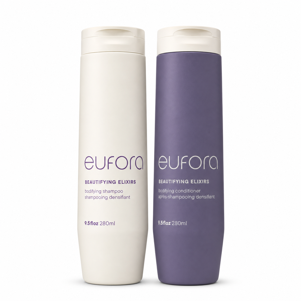 Eufora Beautifying Elixirs bodifying shampoo and conditioner set, 9.5 oz bottles with sleek packaging and product labels.