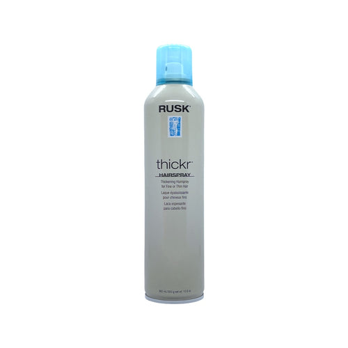 Rusk Thickr Thickening Hairspray for fine hair in a 10.6 oz spray bottle, designed to add volume and hold.