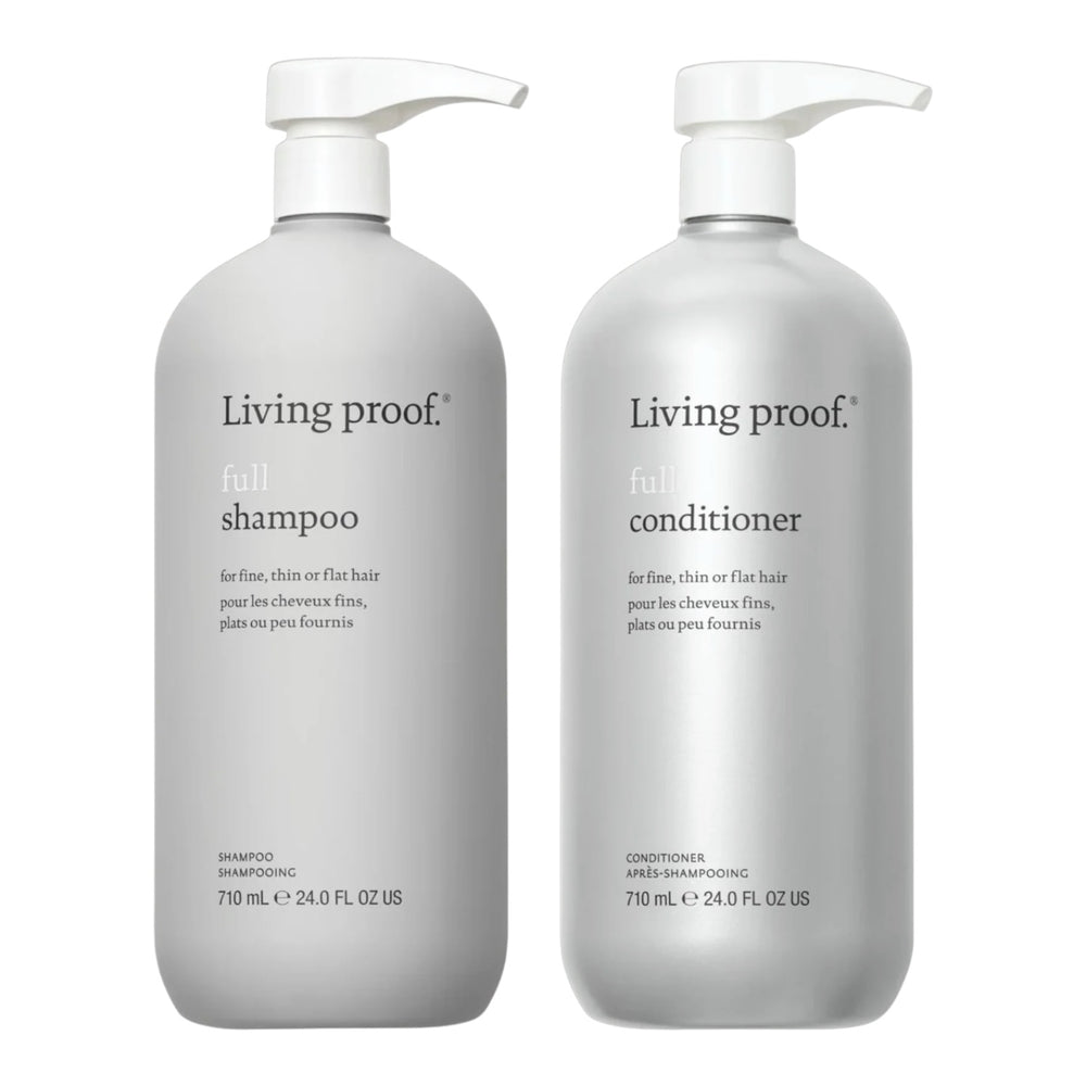 Living Proof Full Shampoo and Conditioner set in 24 oz bottles, featuring sleek packaging and healthy, shiny hair.