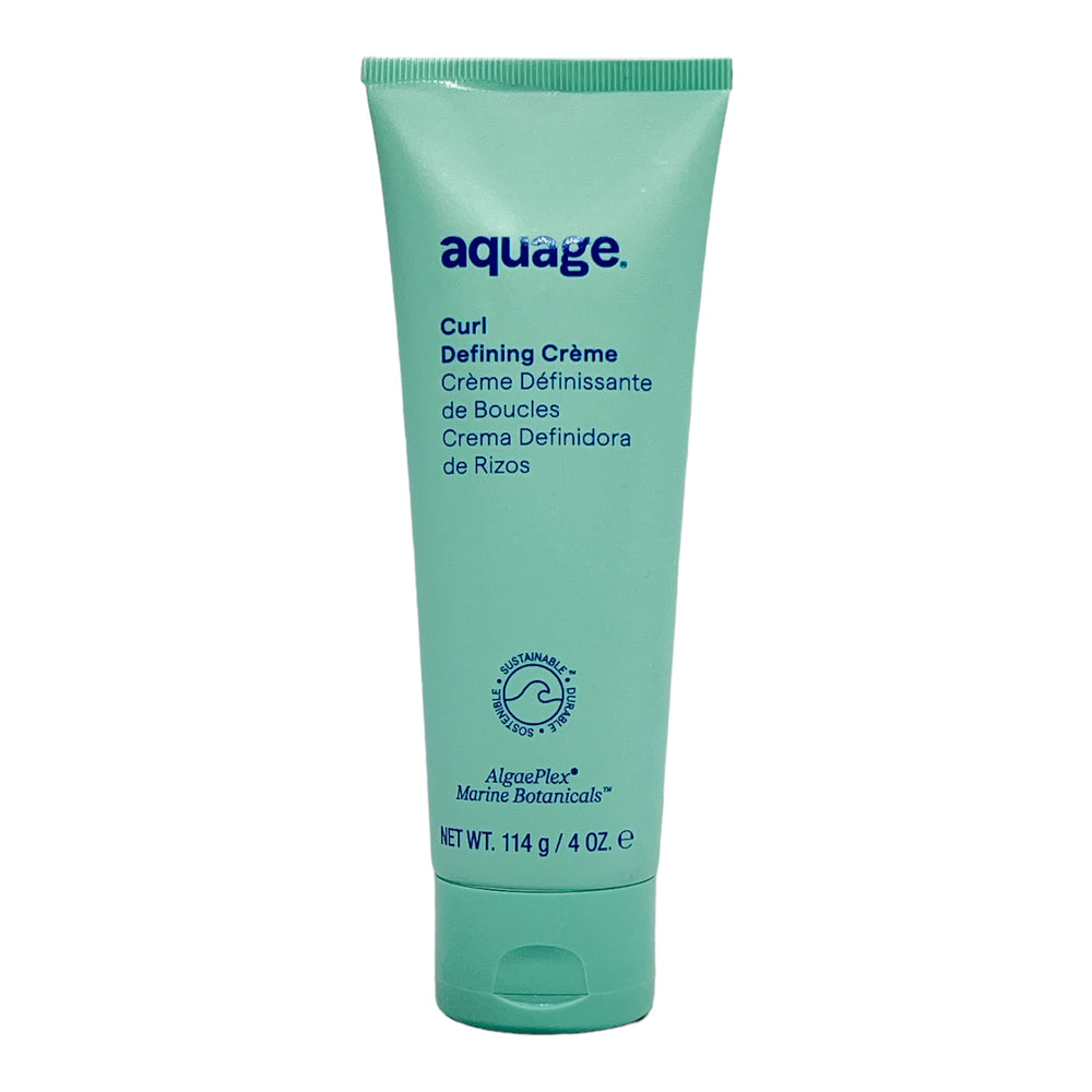 Aquage Curl-Defining Creme 4 oz in a jar, showcasing smooth, curly hair styling with the product visible.