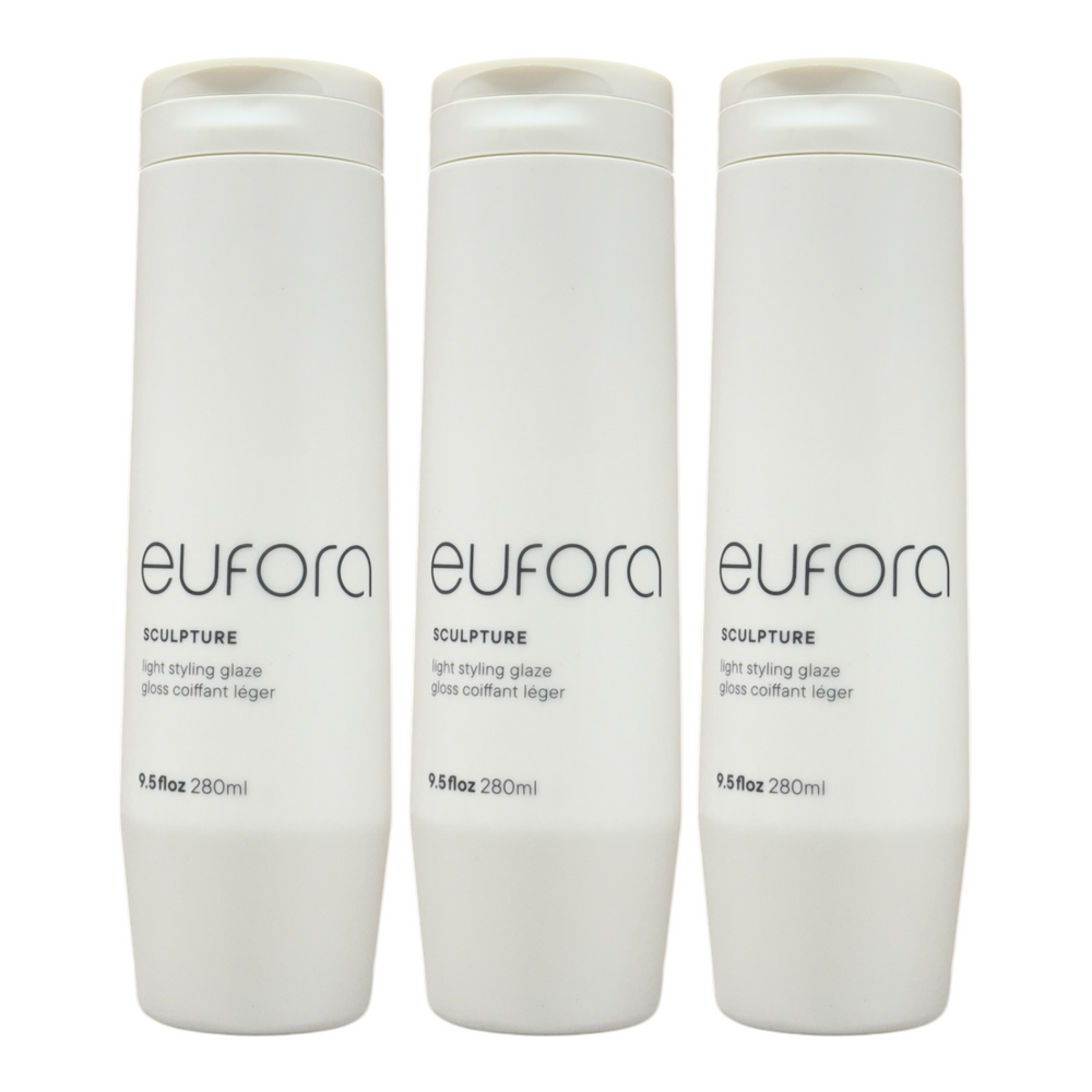 Eufora Style Sculpture Light Styling Glaze 9.5 oz bottles, clear liquid with pump dispensers, in a pack of three.