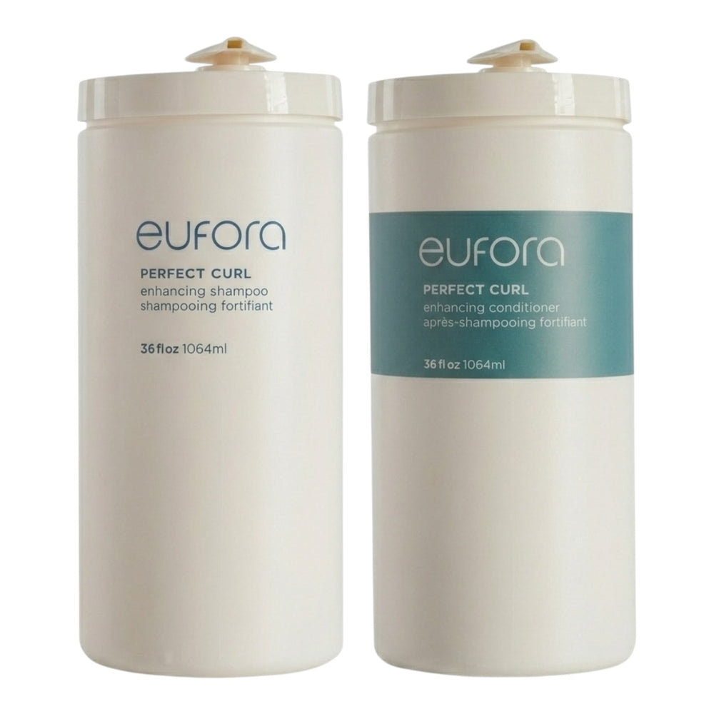 Eufora Perfect Curl Enhancing Shampoo and Conditioner set in 36 oz bottles, featuring curly hair care products.