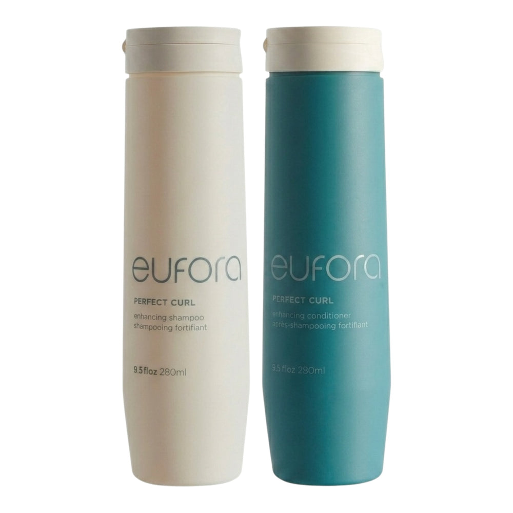 Eufora Perfect Curl enhancing shampoo and conditioner set, 9.5 oz bottles, for defined, bouncy curls and hair care.