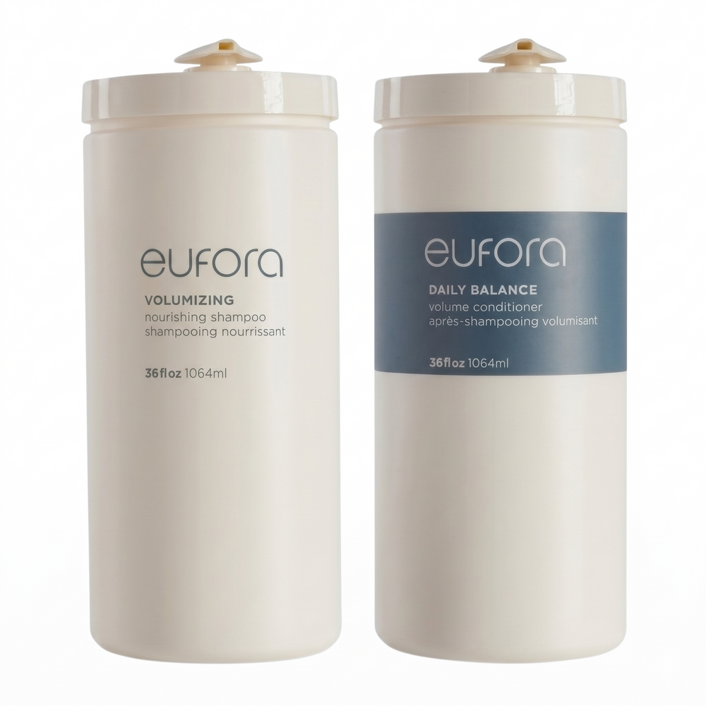 Eufora volumizing shampoo and daily balance conditioner set in 36 oz bottles, ideal for full-bodied, healthy hair.