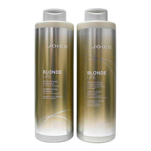 Joico Blonde Life brightening shampoo and conditioner set in 33.8 oz bottles, featuring golden and clear packaging with product labels.