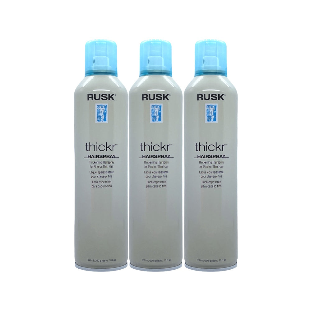 Rusk Thickr Thickening Hairspray for fine hair in 10.6 oz bottles, shown in a pack of three, with spray nozzle and product label visible.
