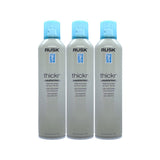 Rusk Thickr Thickening Hairspray for fine hair in 10.6 oz bottles, shown in a pack of three, with spray nozzle and product label visible.