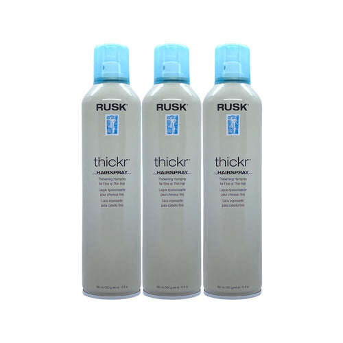 Rusk Thickr Thickening Hairspray for fine hair in 10.6 oz bottles, shown in a pack of three, with spray nozzle and product label visible.