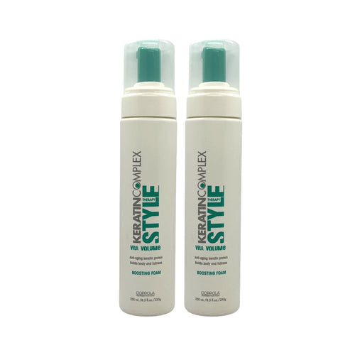 Keratin Complex Vita Volume boosting mousse in 8.5 oz bottles, lightweight hair styling mousses for added volume and fullness.