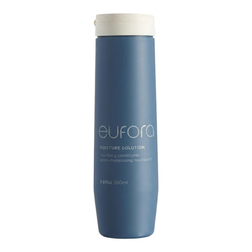 Eufora Moisture Solution nourishing conditioner in 9.5 oz bottle, showing smooth, hydrating hair with healthy shine.