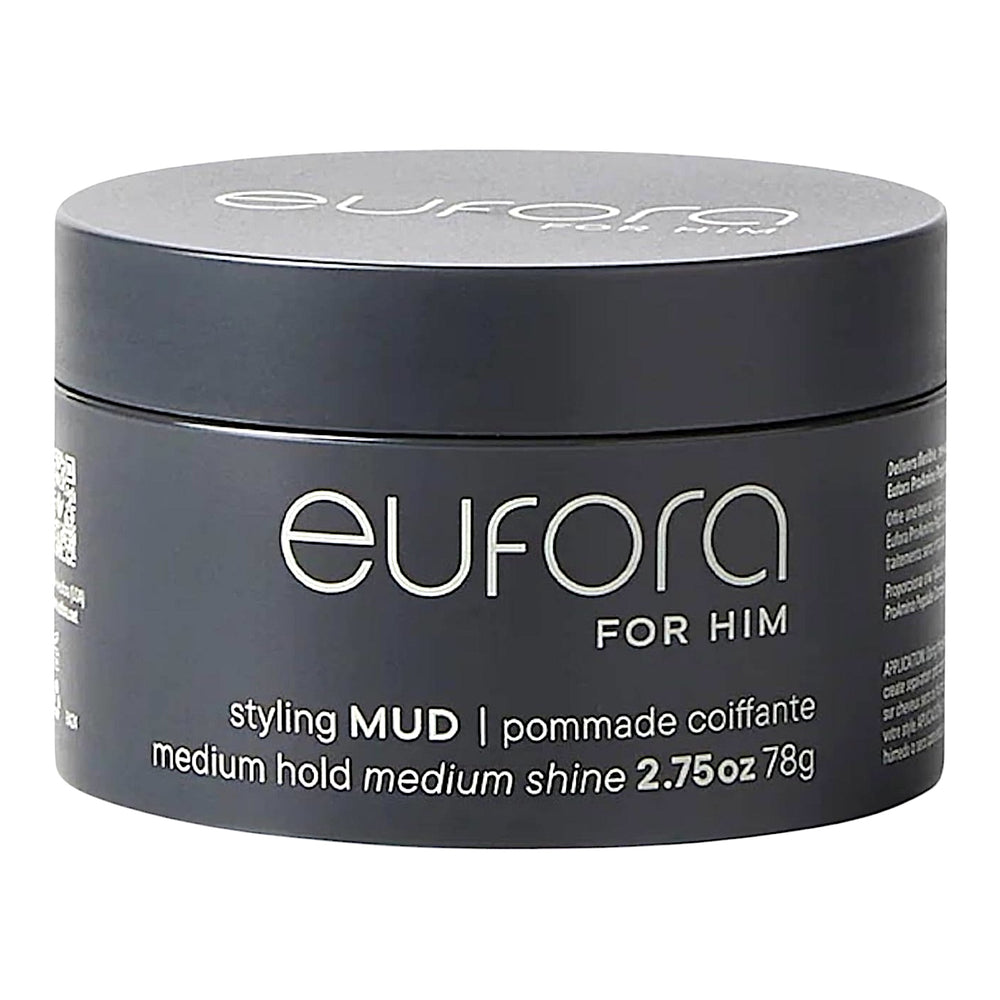 Eufora Styling Mud Pomade with medium hold and shine, 2.75 oz, showing the jar with product label and texture.