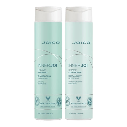 Joico InnerJoi Hydration shampoo and conditioner set with 10.1 oz bottles, ideal for moisturizing and nourishing hair.