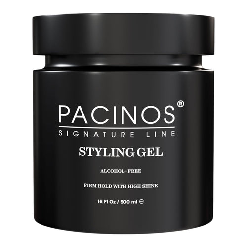 Pacinos Classic Styling Gel with firm hold in 16 oz container, designed for strong, long-lasting hair styling and control.