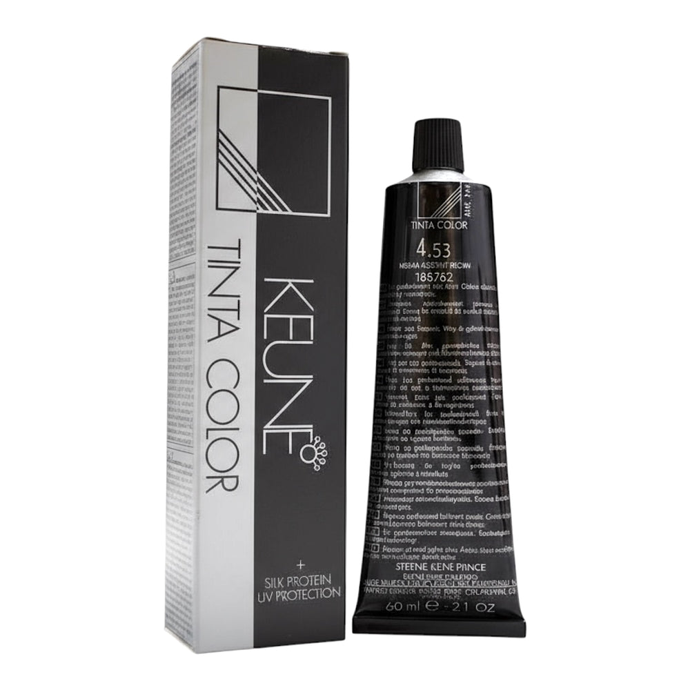 Keune Tinta Color 4.53 permanent hair dye in medium chestnut brown, 2.1 oz bottle, showcasing the hair color and packaging.