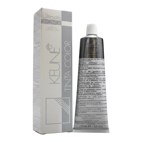 Keune Tinta Color 1038 Hazel-Nut Blonde permanent hair color in 2.1 oz tube, showcasing the creamy hair dye product.