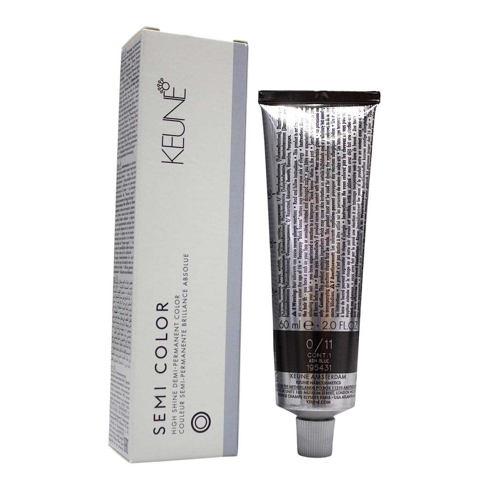 Keune Semi Color 0/11 Demi-Permanent Ash Blue hair color in 2 oz bottle, showcasing the vibrant blue shade.