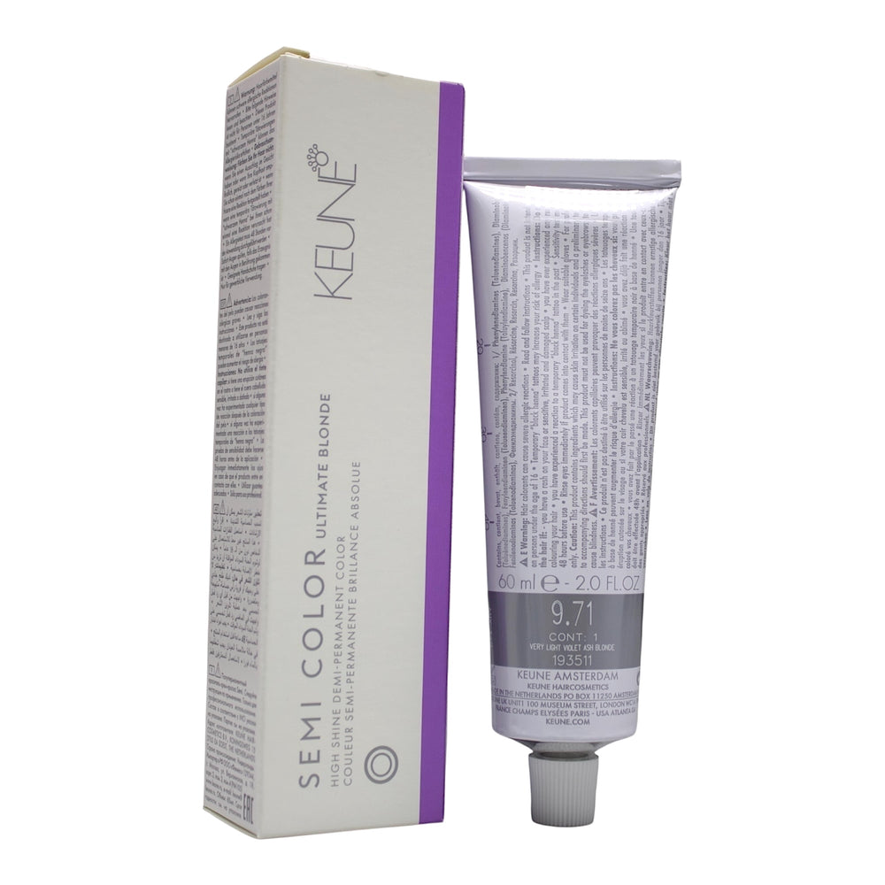 Keune Semi Color UB 9.71 demi-permanent hair color in a 2 oz bottle, featuring very light violet ash blonde shade.