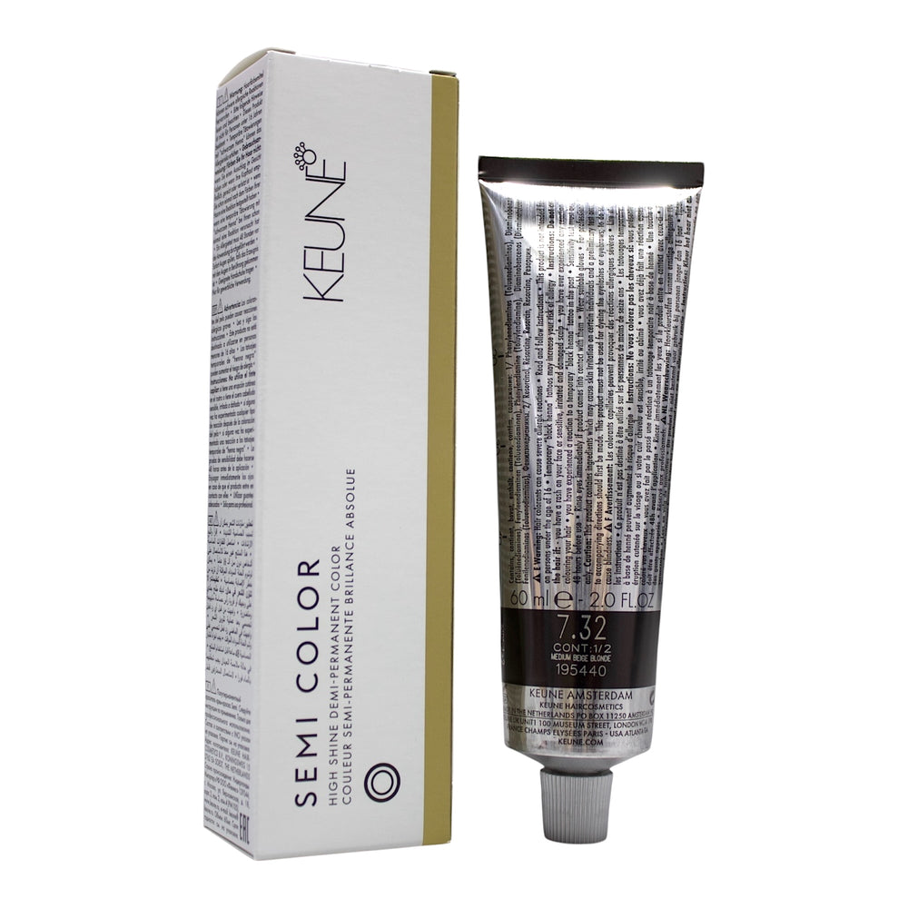 Keune Semi Color 7.32 medium beige blonde hair dye in 2 oz container, showcasing the demi-permanent hair color product.