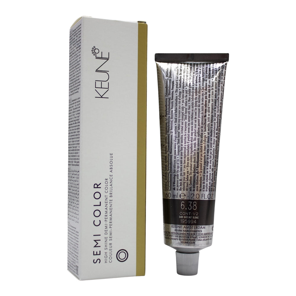 Keune Semi Color 6.38 dark hazelnut blonde hair color in 2 oz bottle, showcasing the rich, warm hair dye application.