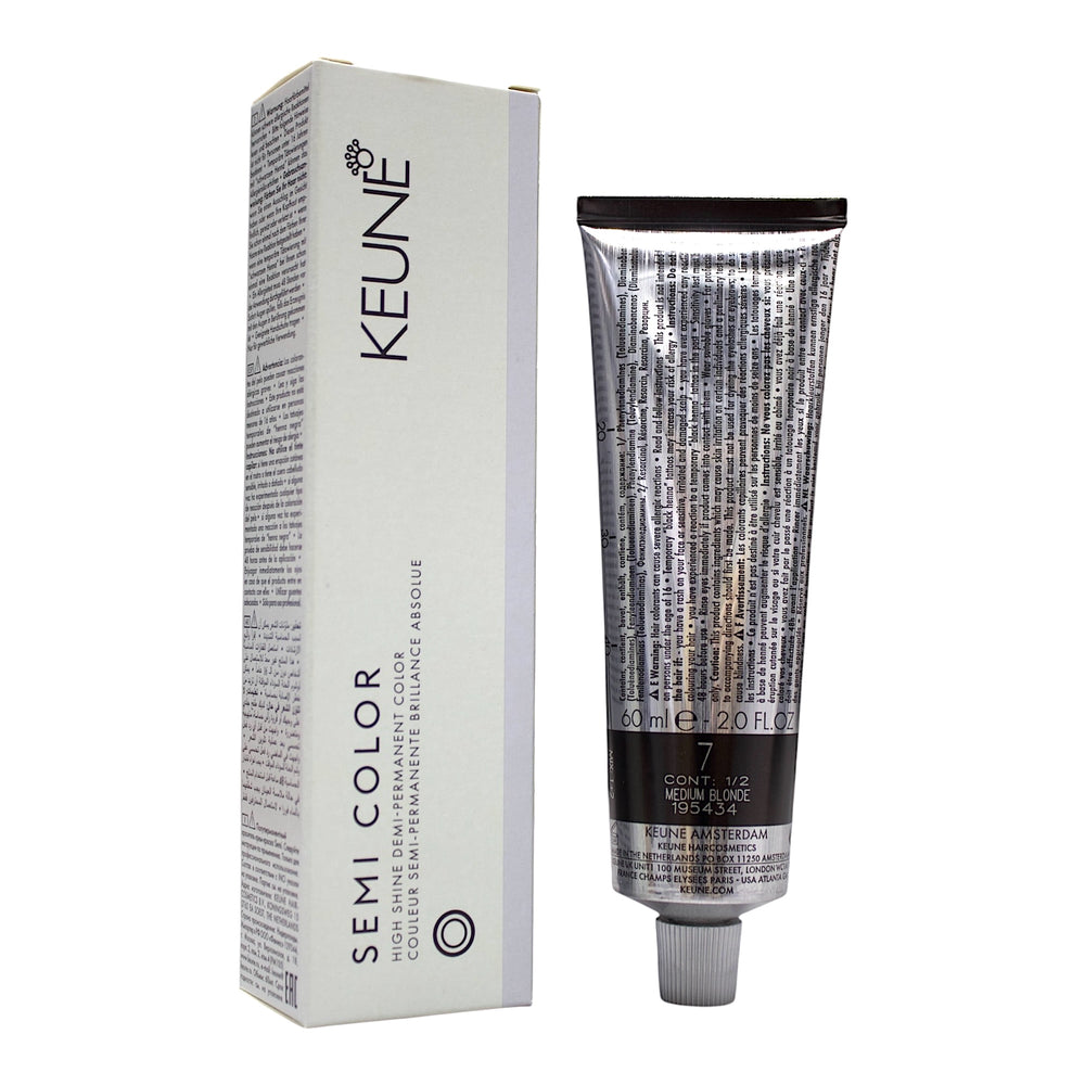 Keune Semi Color 7 Demi-Permanent Medium Blonde hair color in 2 oz bottle, showcasing the product and its packaging.