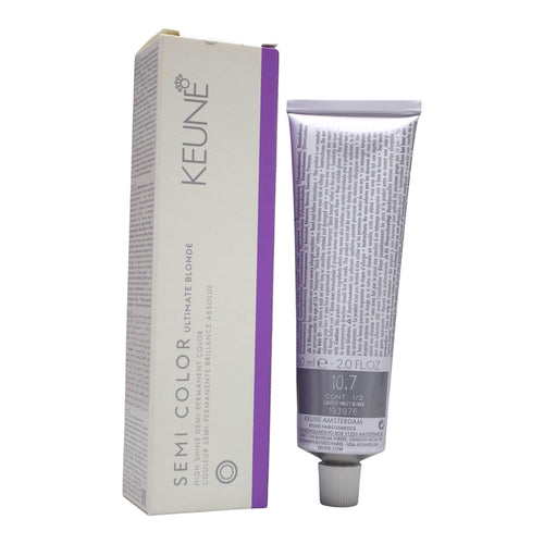 Keune Semi Color 10.7 light violet blonde demi-permanent hair color in a 2 oz bottle, showing vibrant violet shades.