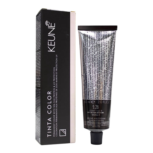 Keune Tinta Color 9.28 super light pearl mocha blonde hair color in 2 oz tube, showcasing the rich, creamy formula and color shade.