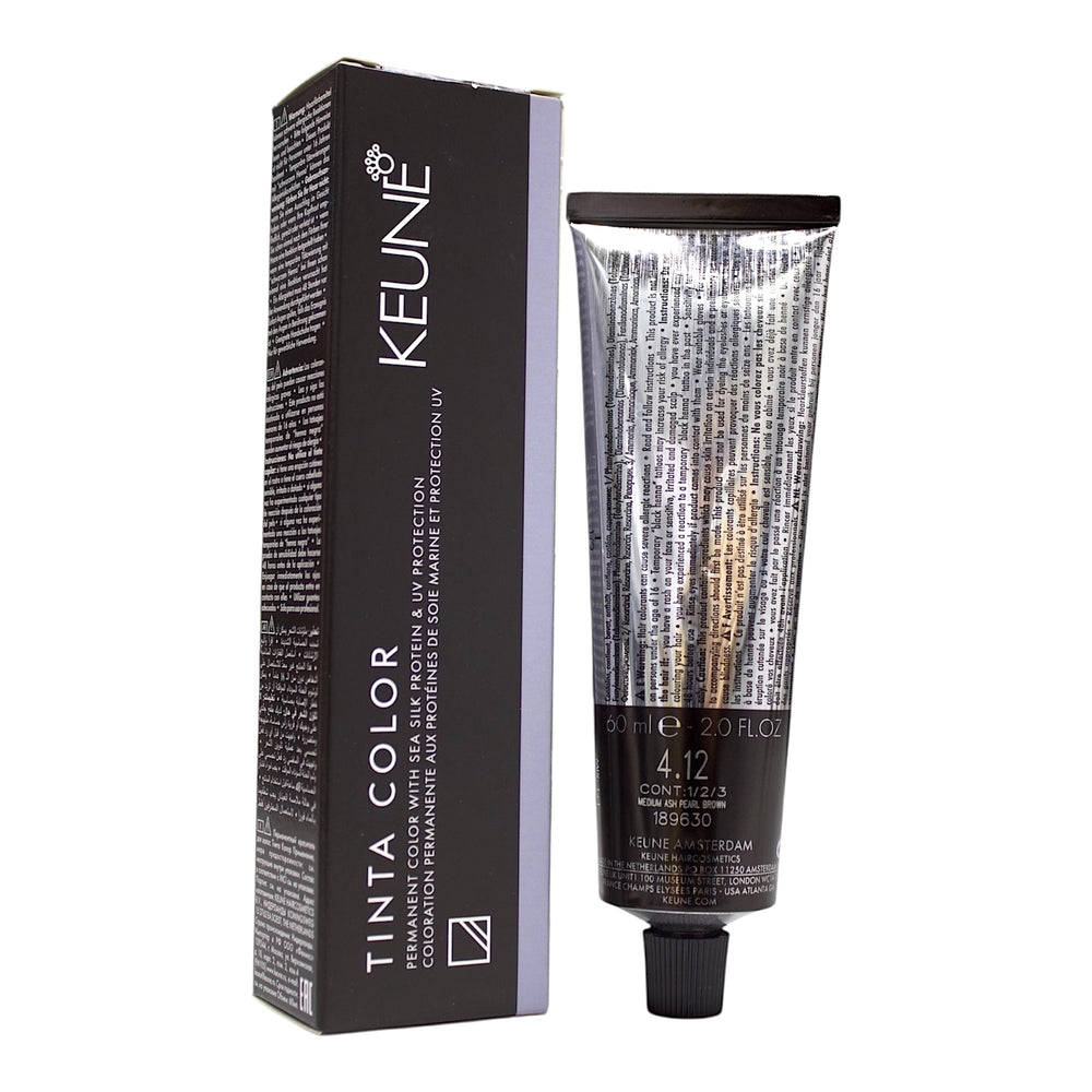 Keune Tinta Color 4.12 permanent hair dye in medium ash pearl brown, 2 oz, showing the color tube and packaging.