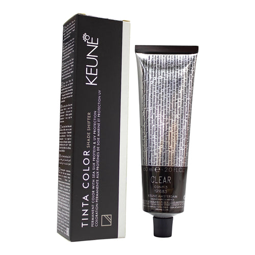 Keune Tinta Color Clear Shade Shifter permanent hair color in 2 oz bottle, showing the product label and packaging.