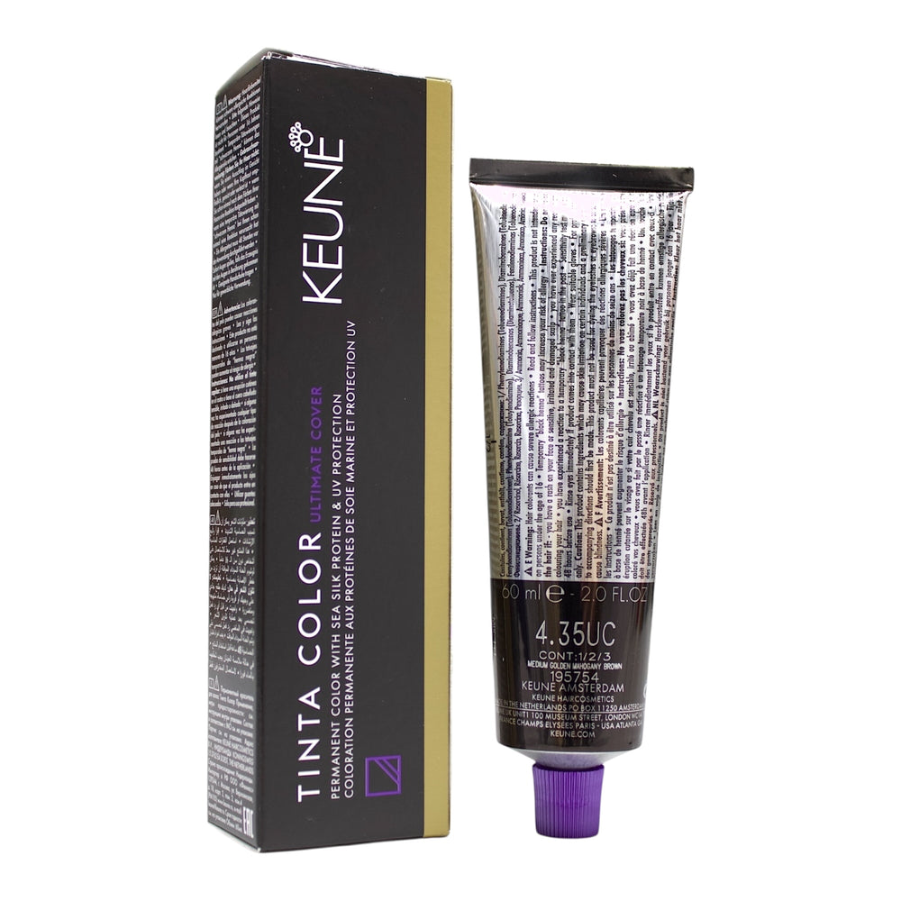 Keune Tinta Color 4.35UC permanent hair dye in medium golden mahogany brown, 2 oz tube, showing the color mixture and application.