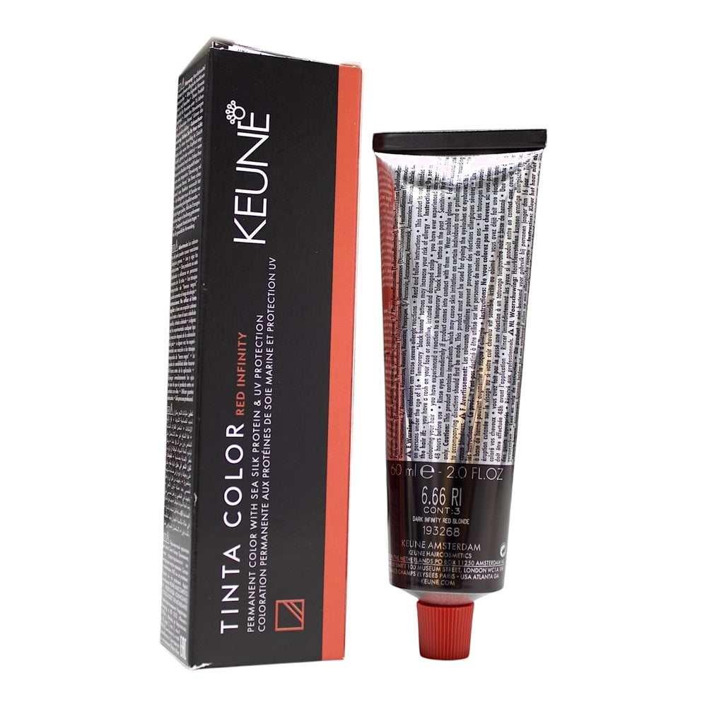 Keune Tinta Color 6.66 RI permanent hair color in dark infinity red blonde shade, 2 oz bottle, showing the hair dye packaging.