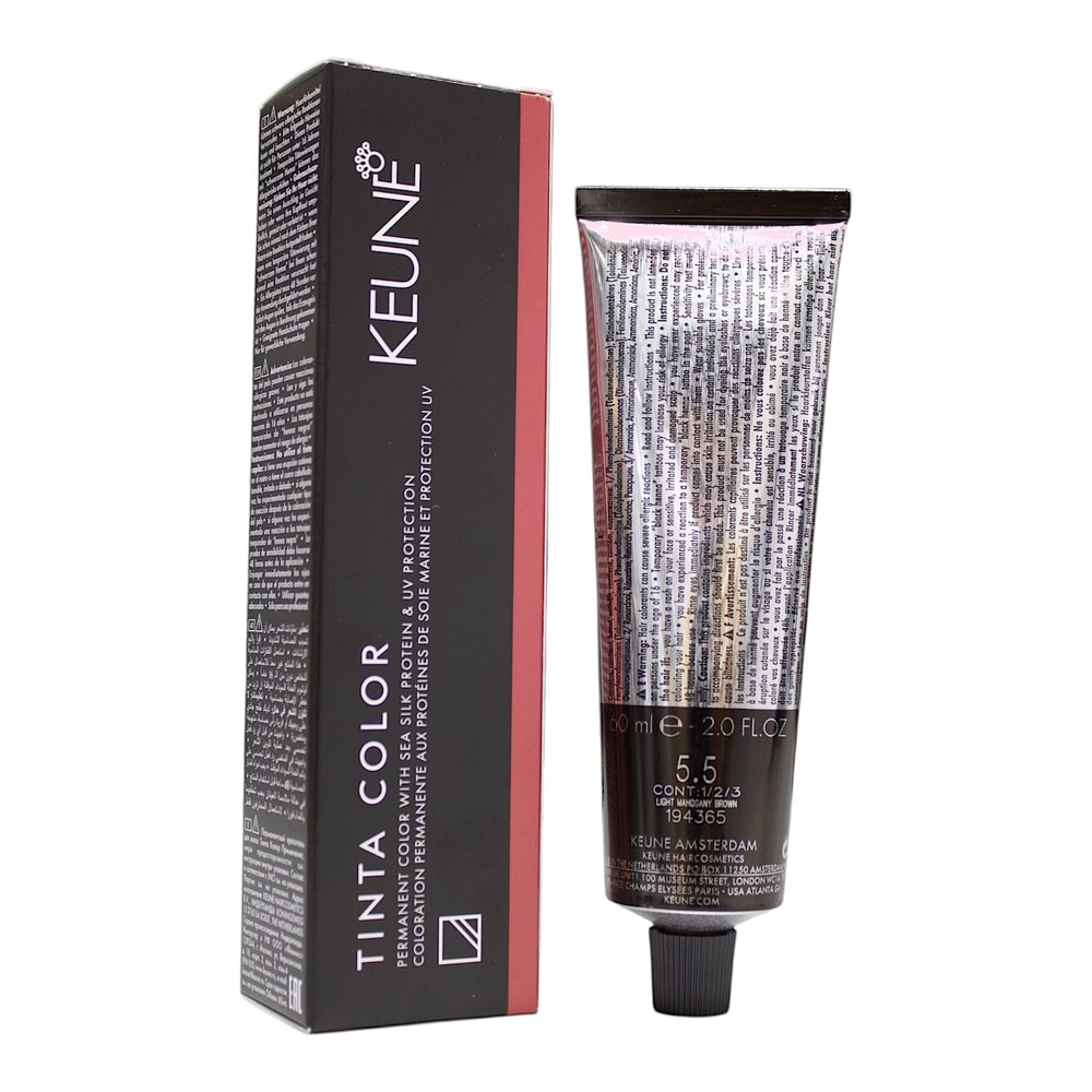 Keune Tinta Color 5.5 light mahogany brown hair color in 2 oz bottle, showcasing the rich, warm hue and packaging.