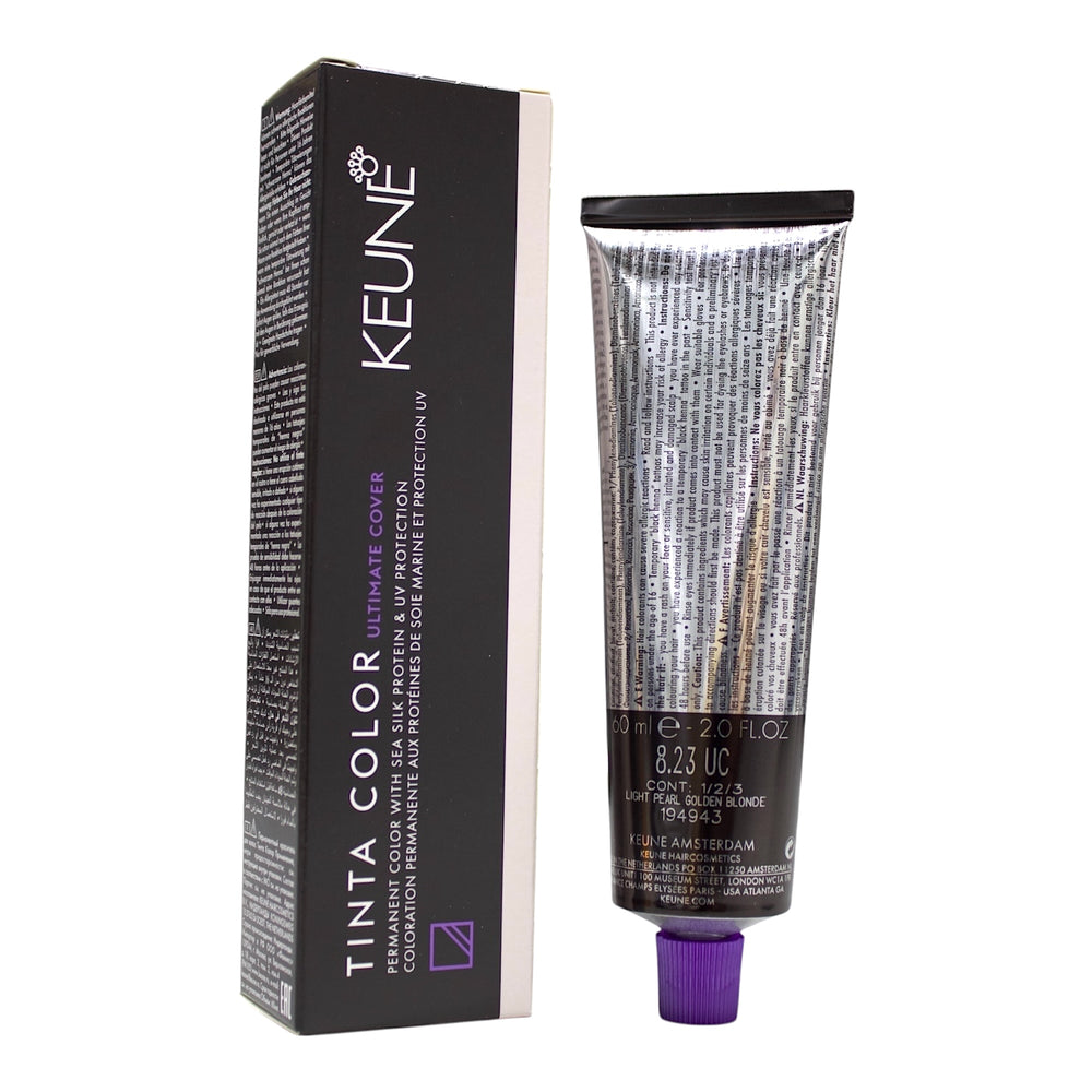 Keune Tinta Color 8.23 UC light pearl golden blonde hair color tube, 2 oz, showing the product and packaging.