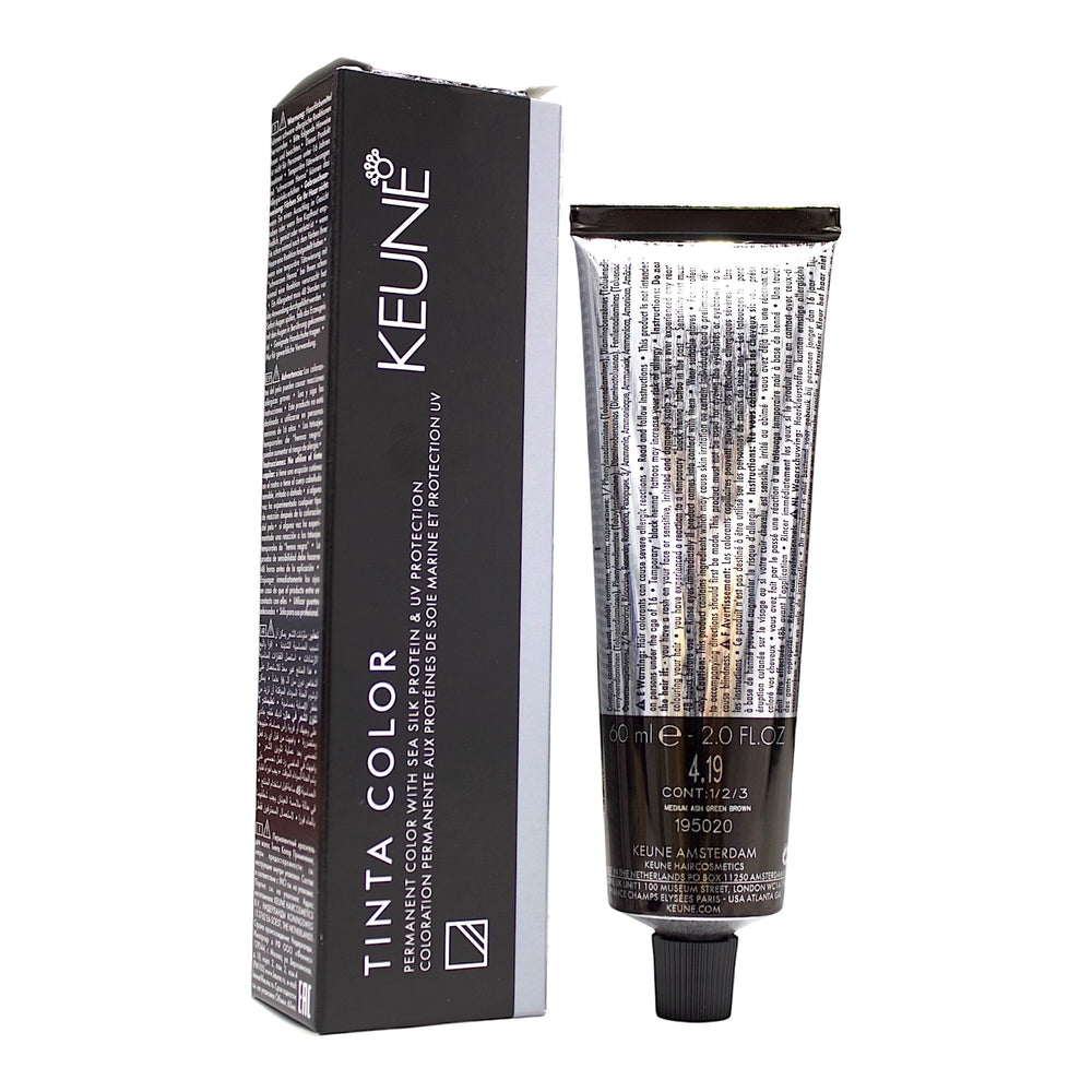 Keune Tinta Color hair dye in 4.19 Permanent Medium Ash Green Brown, 2 oz bottle showing product label and color swatch.