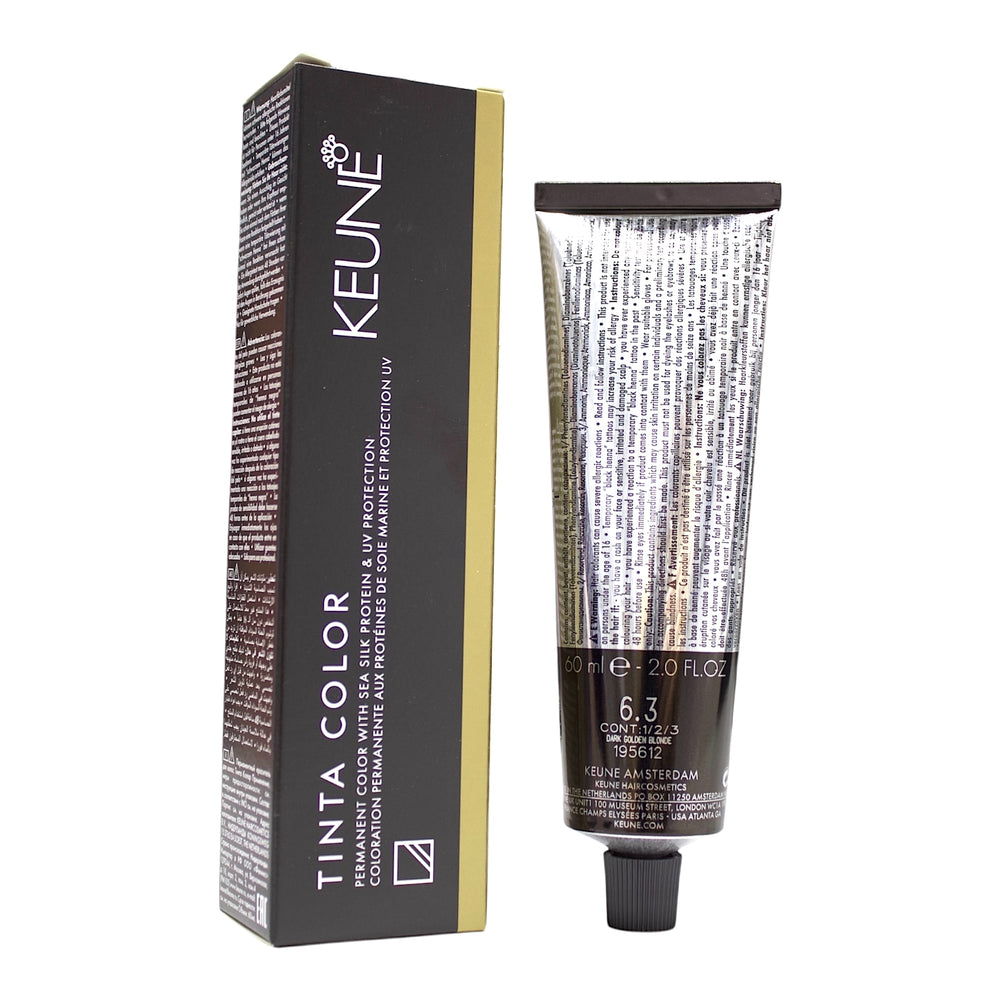 Keune Tinta Color 6.3 dark golden blonde hair color tube, showing brand label and product details.