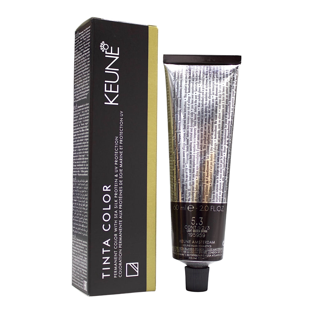 Keune Tinta Color 5.3 Light Golden Brown hair color tube, permanent hair dye, 2 oz, with golden brown shade and branding details