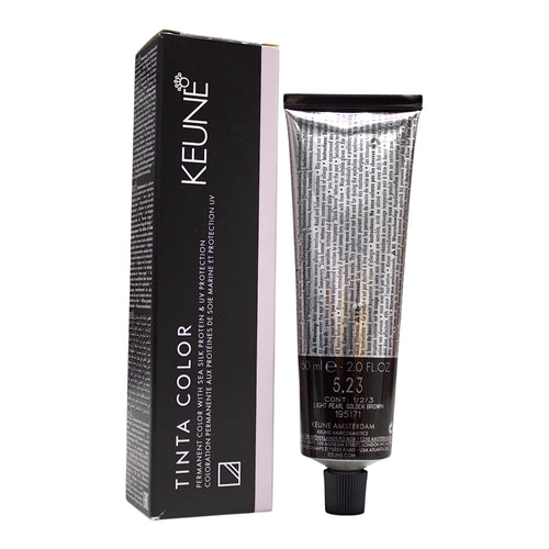 Keune Tinta Color 5.23 light pearl golden brown hair dye in 2 oz bottle, permanent hair color for warm blonde to brown shades
