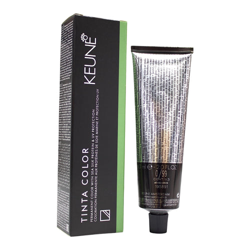 Keune Tinta Color 0/99 permanent hair color in green anti-red shade, 2 oz bottle, ready for vibrant hair transformation.